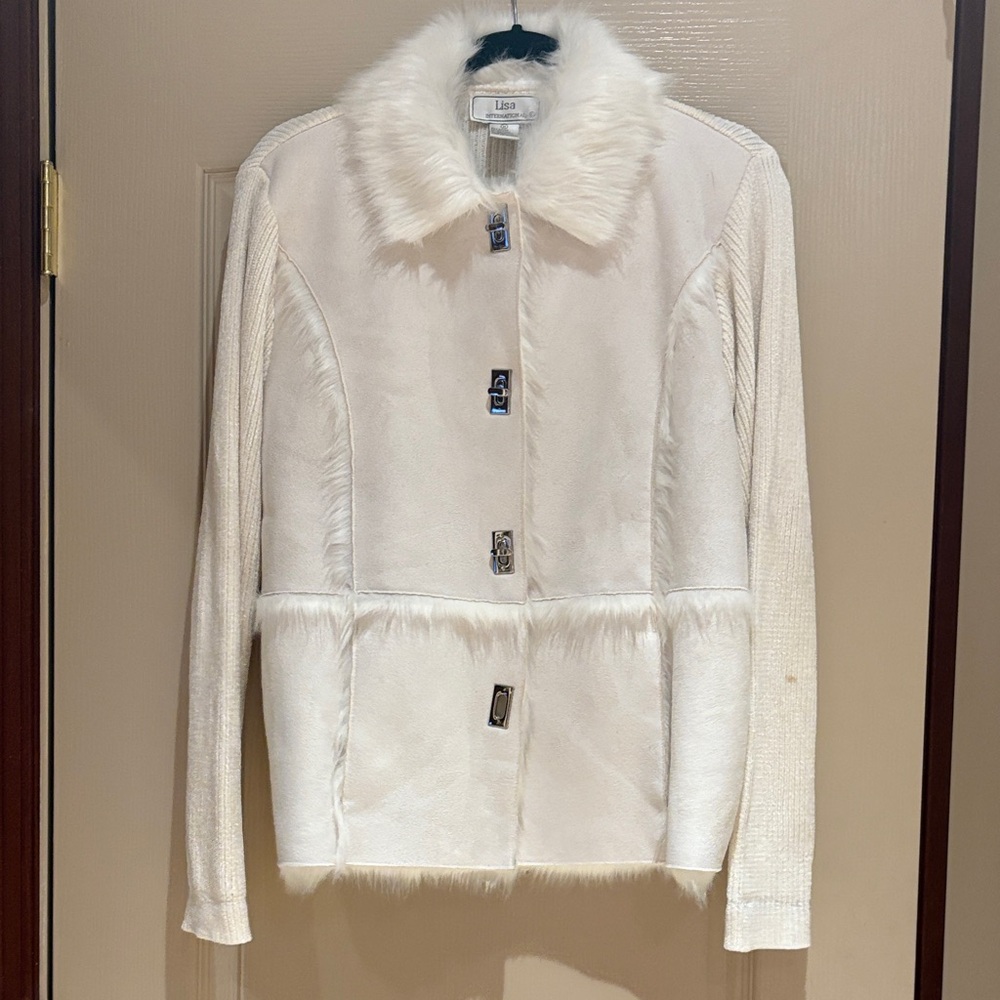 Lisa International Cream  Jacket with Faux Fur Accents